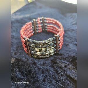 Native American Made Handcrafted Red Wood Black Beaded Cuff Bracelet